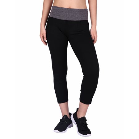 HDE Women's Yoga Capri Pants Color Block Fold Over Waist Workout Leggings  (Black w/Charcoal, Small)